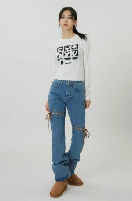 Western eyelet slim denim pants