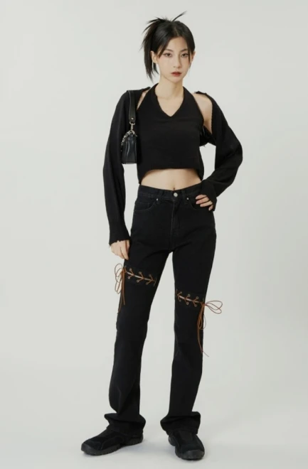 Western eyelet slim denim pants