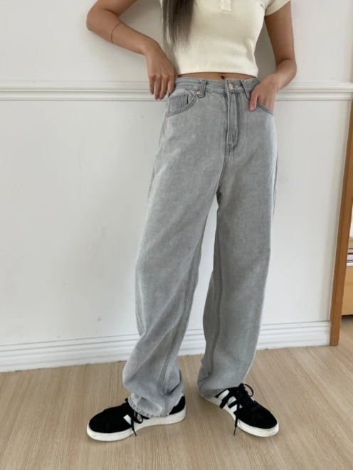 Washed-out long wide denim pants