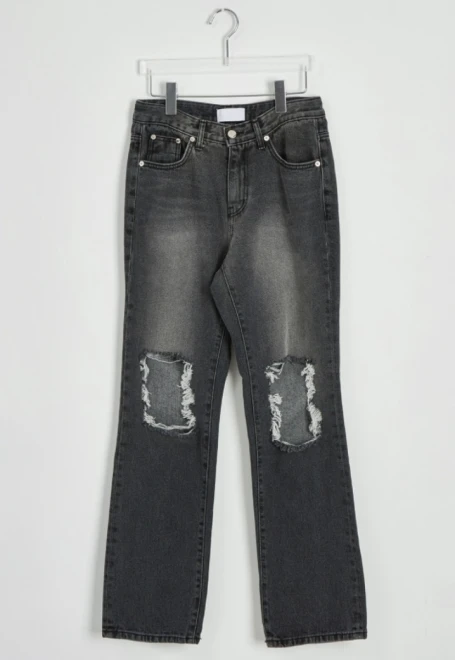 Dark Black Damage Bootcut Denim Pants