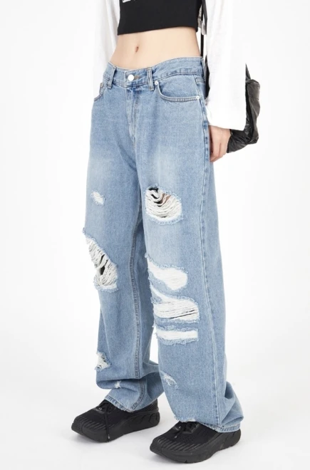 Vintage rough destroyed wide denim pants