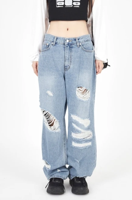 Vintage rough destroyed wide denim pants