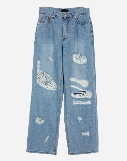 Vintage rough destroyed wide denim pants