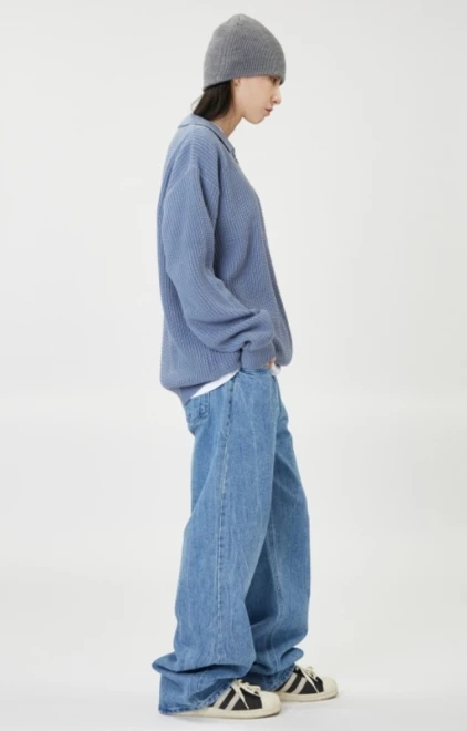 Crack pleats washing wide denim pants