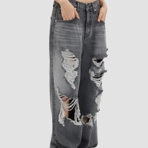 Gray brush destroyed wide denim pants