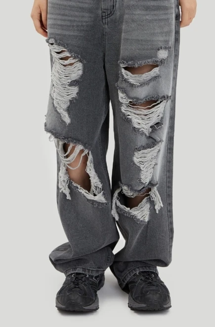 Gray brush destroyed wide denim pants