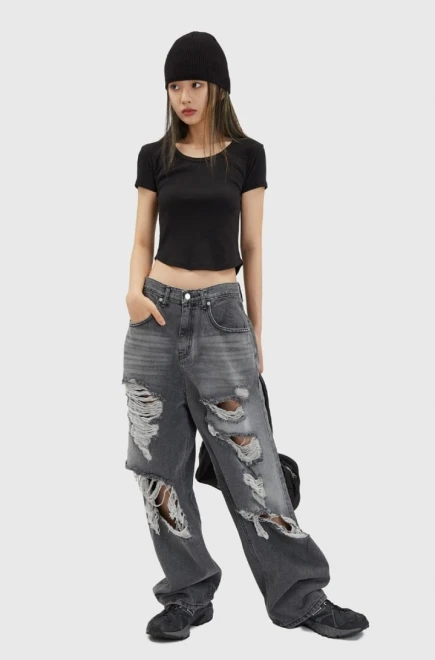 Gray brush destroyed wide denim pants