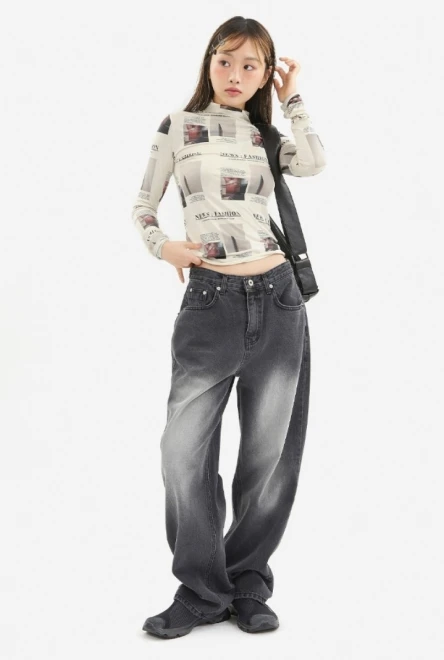 Button point brush wide denim pants