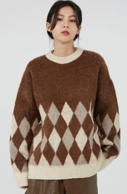 Hairy argyle warm knit