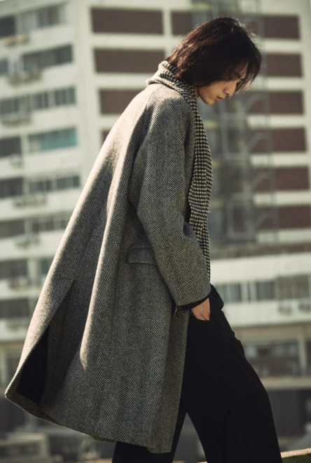 Double Breasted Herringbone Wool Coat