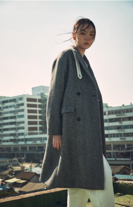 Double Breasted Herringbone Wool Coat