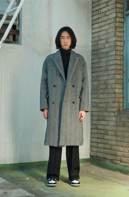 Double Breasted Herringbone Wool Coat